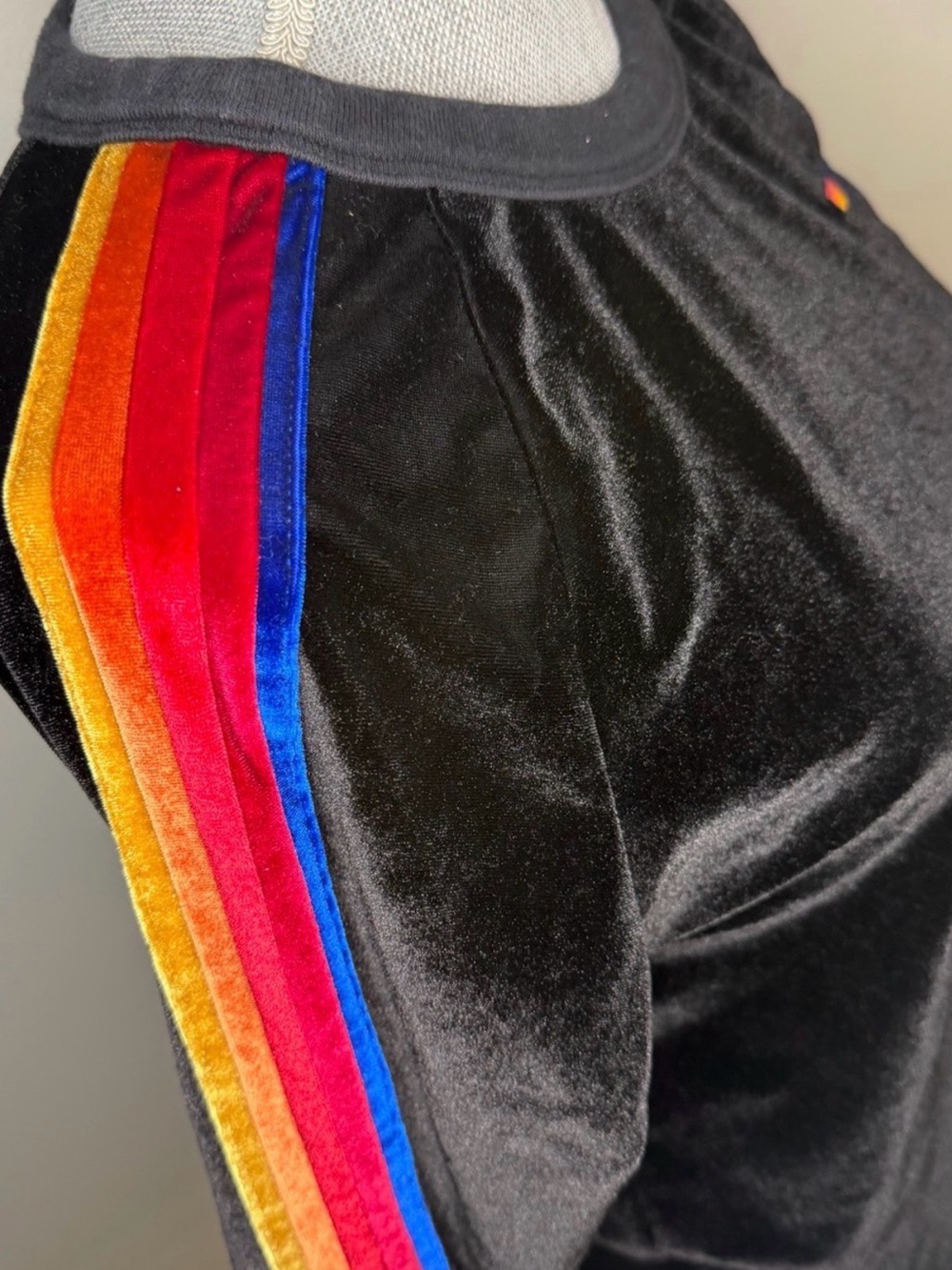 Aviator nation Black Velvet Crewneck with Rainbow Sleeve Stripes, XS - Picture 3 of 6